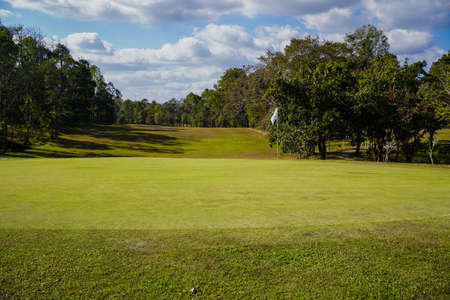 Golf clubs and ball on a green lawn in a beautiful golf course with morning sunshine. golf ball on green grass ready to hit on golf course background.の写真素材