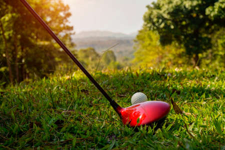 Golf clubs and golf balls on a green lawn in a beautiful golf course with morning sunshine. golf ball on green grass ready to hit on golf course background.の写真素材