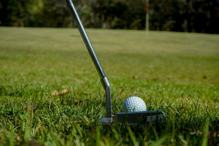 Golf clubs and ball on a green lawn in a beautiful golf course with morning sunshine. golf ball on green grass ready to hit on golf course background.の写真素材