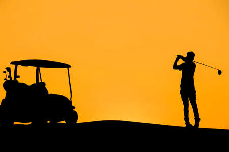 Golf player putting golf ball to hole during sunset or sunrise. View of Golf Course with beautiful green field. Golf course with a rich green turf beautiful scenery. Sport conceptの写真素材