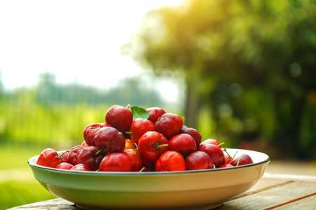 Acerola cherry in white bowl on white wooden background. Fresh organic acerola cherries Thai fruit or acerola cherry on a tree with water droplets, high in vitamin C and antioxidant fruit.の写真素材
