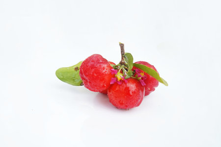 Fresh acerola fruit, typical from Brazil. Red organic Acerola Cherry with half slice and green leaves isolated on white background, High vitamin C and Antioxidant fruitsの写真素材