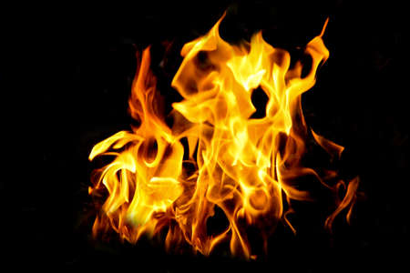 Fire flames on black background. The fire in the natural forest, flames and sparks on a dark background Fuel , lights on a black background.の写真素材