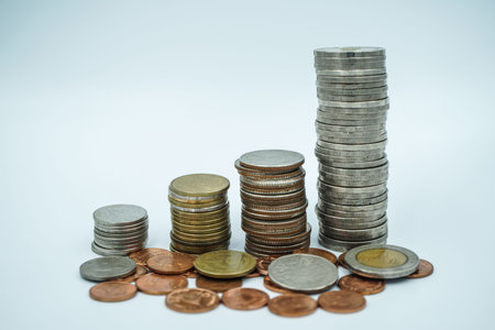 Coin thai bath on white background. Coins and currency of Thailand on the white background.の写真素材