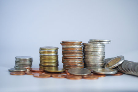Coin thai bath on white background. Coins and currency of Thailand on the white background.