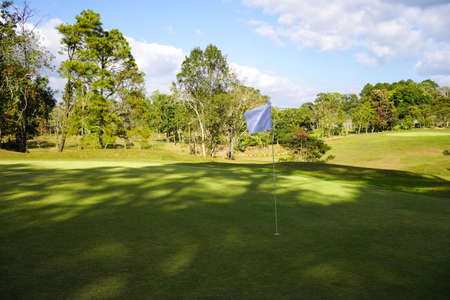 Golf ball on green grass in the evening golf course with sunshine background. Golf ball on the edge of hole on the green grass with warm tone and sunset.の写真素材