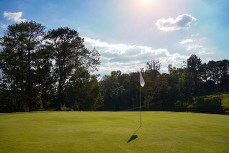 Green grass and woods on a golf field. View of Golf Course with beautiful putting green. Golf course with a rich green turf beautiful scenery.の写真素材