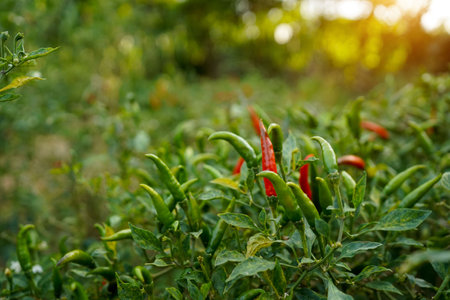 fresh chilli on tree in the farm. Chilli field in agricultural garden,Ripe red chilli on a tree.の写真素材