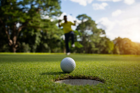 Golfer putting ball on the green golf, lens flare on sun set evening time. Blurred golfer playing golf in beautiful golf course in the evening golf course with sunshine.の写真素材