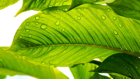 Green leaf bones under the rays of the sun, Green leaf texture pattern. Macro view plant skeleton...