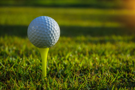 Golf ball on tee ready to play.Golf ball on a green lawn in a beautiful golf course with morning sunshine.の写真素材