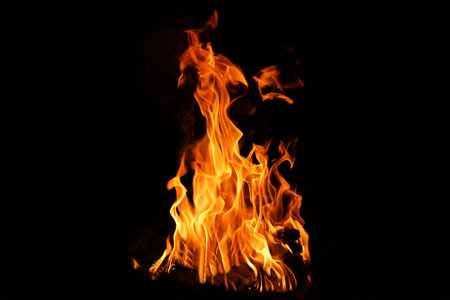 Fire flames on black background. abstract fire flame background. The fire in the fire burning naturally waved at night.の写真素材