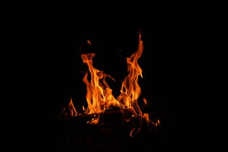 Fire flames on black background. abstract fire flame background. The fire in the fire burning naturally waved at night.の写真素材