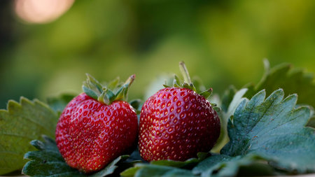 Fresh strawberries fruits on strawberry plants, red strawberries with leaves on wooden table and farmland backgroundの写真素材