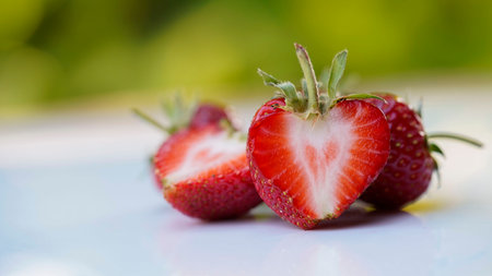 Red strawberries on white wooden table and farmland backgroundの写真素材