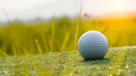 Green grass with golf ball closeup in soft focus when sunlight Playground for golf course concept , Wide landscape as background for your character about playing golf.の写真素材