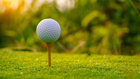 Golf ball is on pink tee on green grass background, White Golf ball on tee on green grass of golf course with copy space.の写真素材
