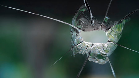 Broken glass texture. Macro shot of broken shattered window glass abstract background. Bullet hole in a shattered piece of glass.の写真素材