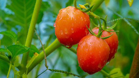 Ripe red tomato with water droplets on green leaf background hanging on vine of tomato plant in gardenの写真素材