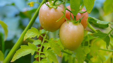 Ripe yellow tomato with water droplets on green leaf background hanging on vine of tomato plant in gardenの写真素材