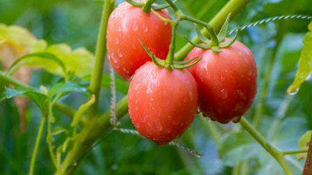 Ripe red tomato with water droplets on green leaf background hanging on vine of tomato plant in gardenの写真素材
