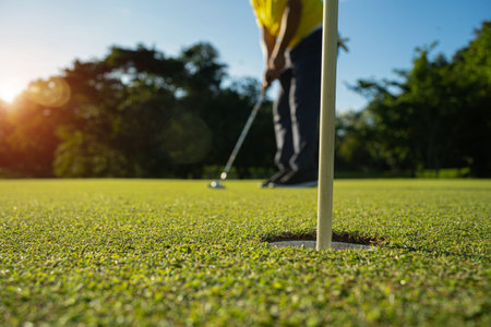 Blurred golfer playing golf in the evening golf course, on sun set evening time. Man playing golf on...