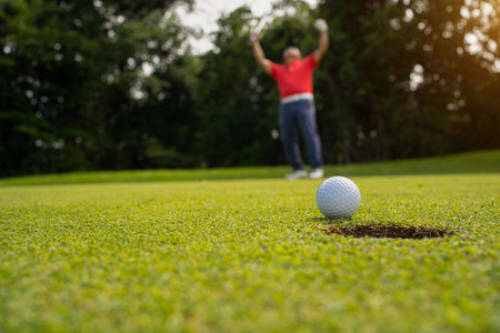 Blurred golfer playing golf in the evening golf course, on sun set evening time. Golfers are putting golf in the evening golf course. Sport holiday lifestyle Concept.の写真素材