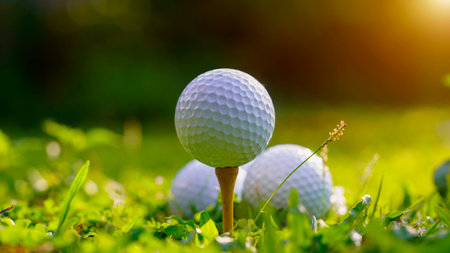 Golf ball on green grass in the evening golf course with sunshine background. Golf ball on the edge of hole on the green grass with warm tone and sunset.の写真素材