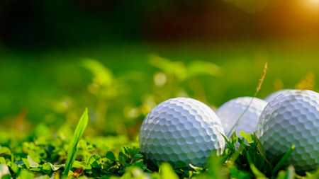 Golf ball on green grass in the evening golf course with sunshine background. Golf ball on the edge of hole on the green grass with warm tone and sunset.の写真素材