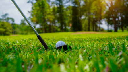 Golf ball and golf club in a beautiful golf course in Thailand. Collection of golf equipment resting on green grass with green backgroundの写真素材