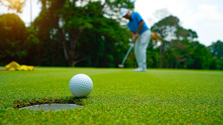 Golfer putting ball on the green golf, lens flare on sun set evening time. Golfer action to win after long putting golf ball in to the hole.の写真素材