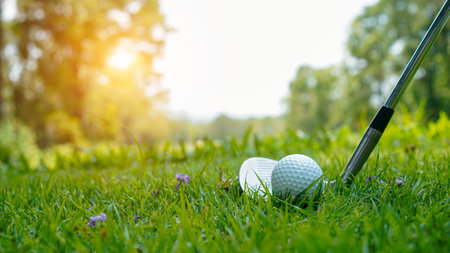 Golf ball and golf club in a beautiful golf course in Thailand. Collection of golf equipment resting on green grass with green backgroundの写真素材