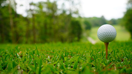 Golf ball on green grass in the evening golf course with sunshine background. Golf ball on the edge of hole on the green grass with warm tone and sunset.の写真素材
