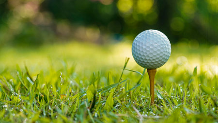 Golf ball is on tee at green lawn in a beautiful golf course with morning sunshine.Ready for golf in the first short.の写真素材