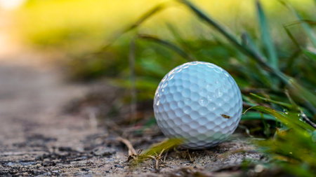 Golf ball is in the hazard area of the course. Golf ball is on tee at green lawn in a beautiful golf course with morning sunshine.の写真素材