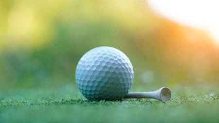 Golf ball and tee at green lawn in a beautiful golf course with morning sunshine. Ready for golf in the first short.の写真素材