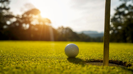 golf ball near the hole and the flag golf on the green in the evening golf course with sunshine in Thailand.の写真素材