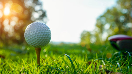 Golf ball on tee in the evening golf course with sunshine background.の写真素材
