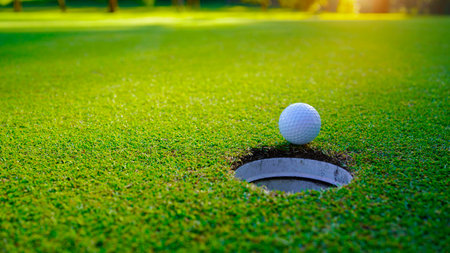 Golf ball on green grass in the evening golf course with sunshine background. Golf ball on the edge of hole on the green grass with warm tone and sunset.の写真素材