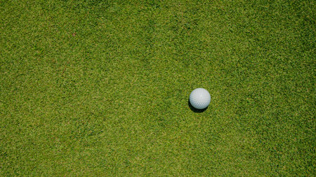 Golf ball is on a green lawn in a beautiful golf course with morning sunshine. Ready for golf in the first short.の写真素材
