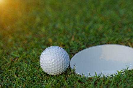 Golf ball on green grass in the evening golf course with sunshine background. Golf ball on the edge of hole on the green grass with warm tone and sunset.の写真素材