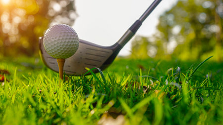 Golf club and ball in green grass. Golf balls on the golf course with clubs ready for first short. In the morning, with the beautiful sunlight.の写真素材