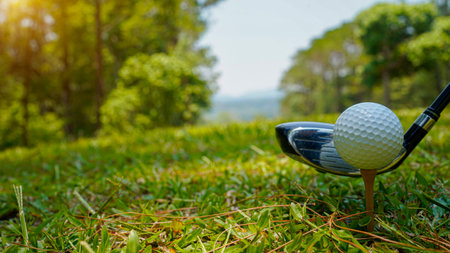 Golf club and ball in green grass. Golf balls on the golf course with golf clubs ready for golf in the first short. In the morning, with the beautiful sunlight.の写真素材