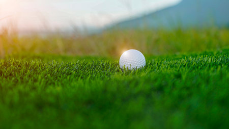 Golf clubs and balls on a green lawn in a beautiful golf course with morning sunshine. Close up of golf equipment on green grass.の写真素材