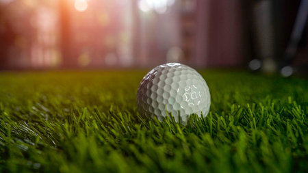 Golf clubs and balls on a green lawn in a beautiful golf course with morning sunshine. Close up of...