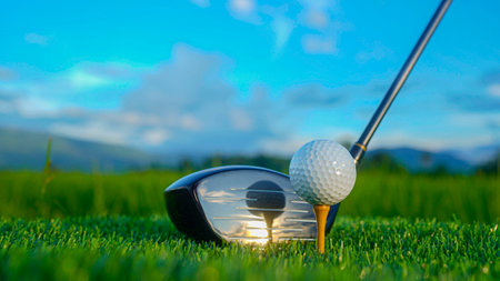 Golf clubs and balls on a green lawn in a beautiful golf course with morning sunshine. Close up of golf equipment on green grass.の写真素材