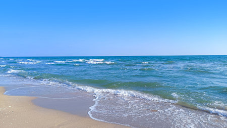 Tropical beautiful seascape view of sand beach and sea wave. Sea landscape of Laem Sadet Beach Chanthaburi Province, Thailand.の写真素材