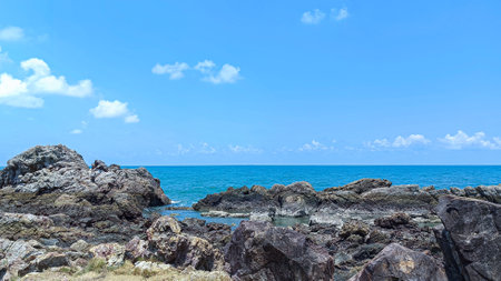 Tropical beautiful seascape view of sand beach and sea wave. Sea landscape of Laem Sadet Beach Chanthaburi Province, Thailand.の写真素材