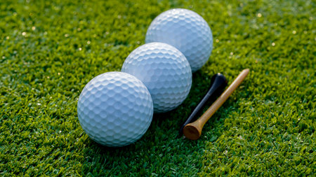 Golf balls are on a green lawn with morning sunshine. Ready for golf.の写真素材