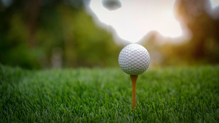 Golf ball on green grass in the evening golf course with sunshine background. Close-up golf ball on tee with blur green bokeh background.の写真素材